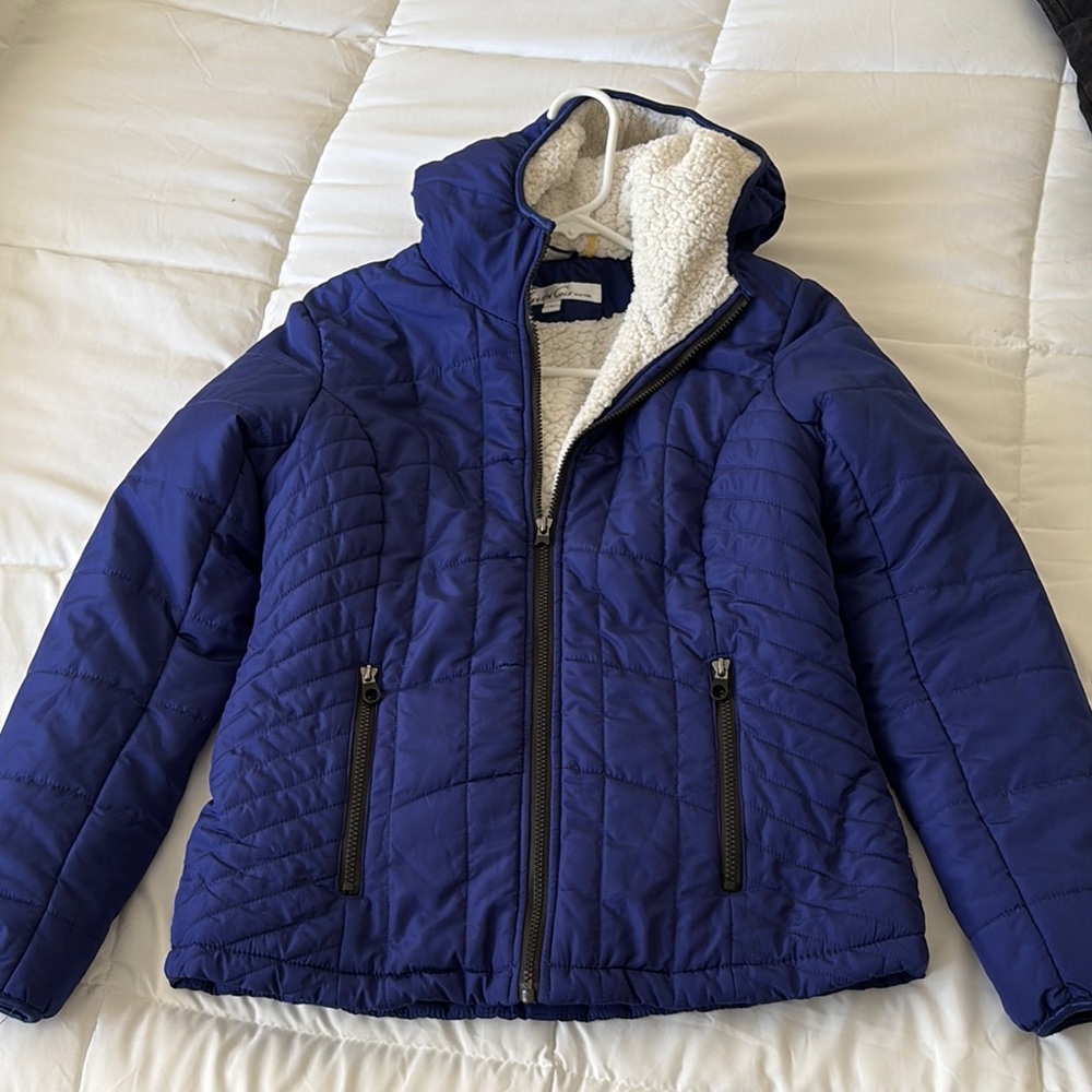 Blue Quilted Hooded Jacket with Sherpa Lining